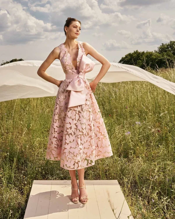 MISCHALIS 2026 Abito Midi Pizzo Rosa