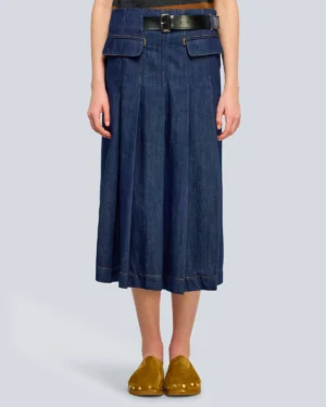 Gonna midi in denim scuro con pieghe e cintura Semicouture - vista frontale